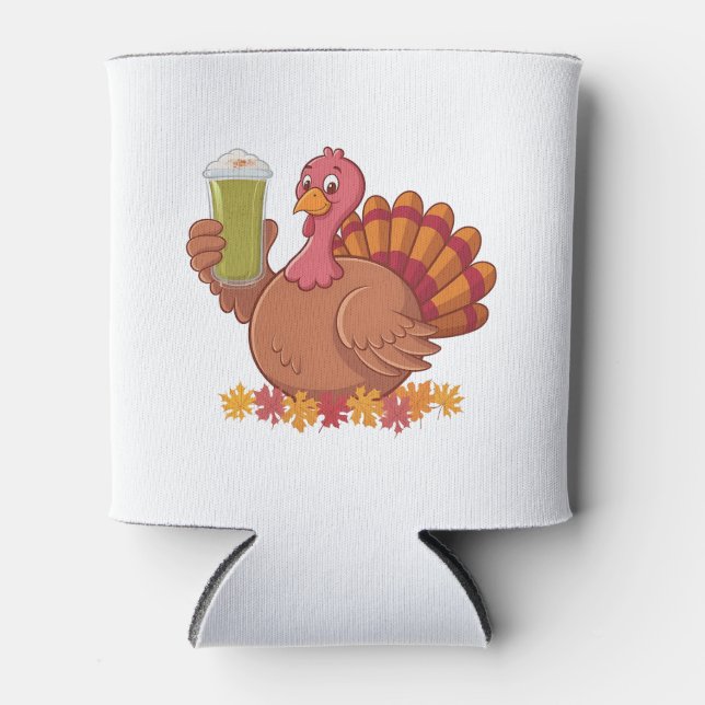 Turkey Drinking Green Matcha Drink Thanksgiving  Can Cooler (Front)