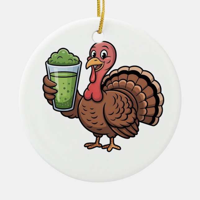 Turkey Drinking Matcha Lovers Thanksgiving Ceramic Tree Decoration (Front)