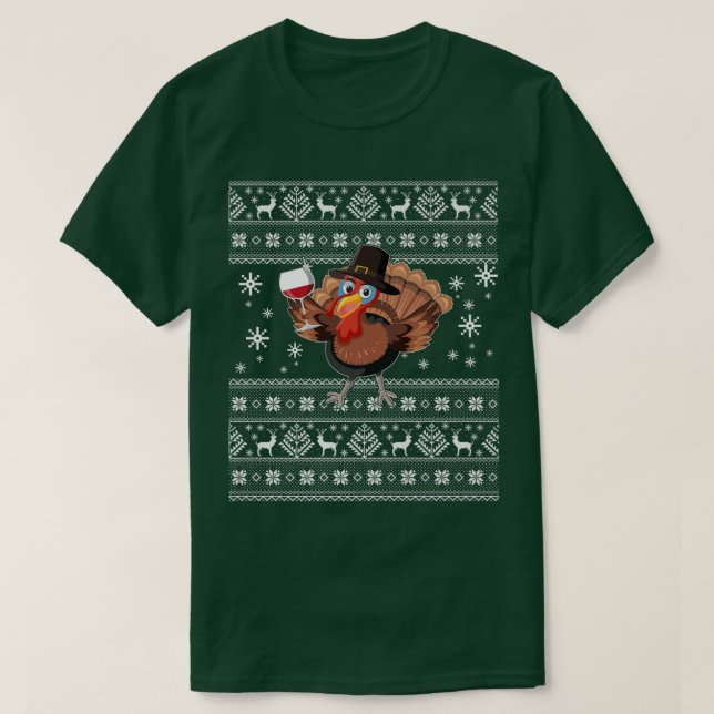Turkey Drinking Wine Ugly Christmas Sweater Thanks (Design Front)