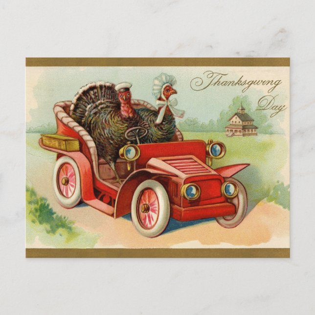 Turkey Driving a Car Vintage Thanksgiving Holiday Postcard (Front)