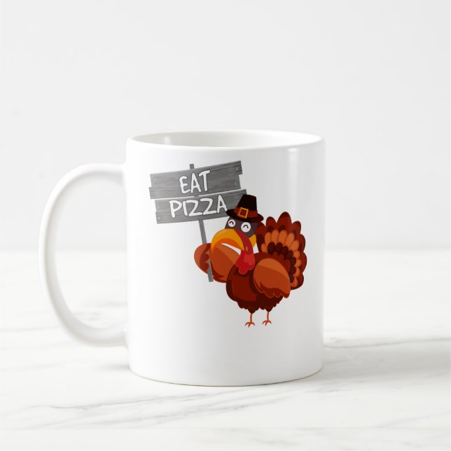 Turkey Eat Pizza Funny Thanksgiving Day Coffee Mug (Left)