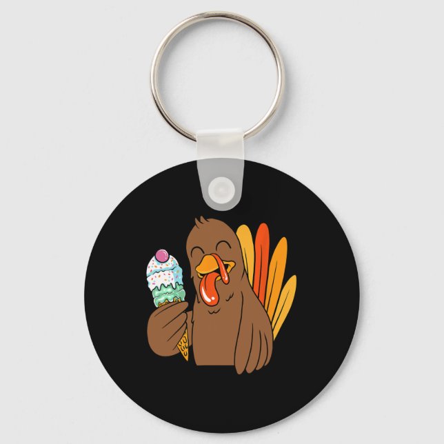 Turkey Eating Ice Cream Thanksgiving Day Funny Fal Key Ring (Front)