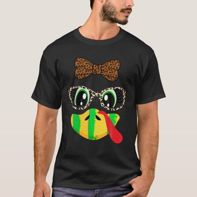 Turkey Face Eyelashes Leopard Glasses Funny Thanks T-Shirt (Front)
