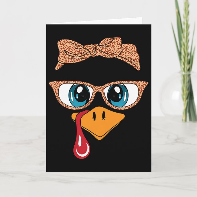 Turkey Face Eyelashes Leopard Gles Funny Thanksgiv Card (Front)