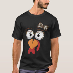Turkey Face Girl Leopard Bow Girls Kids  Thanksgiv T-Shirt