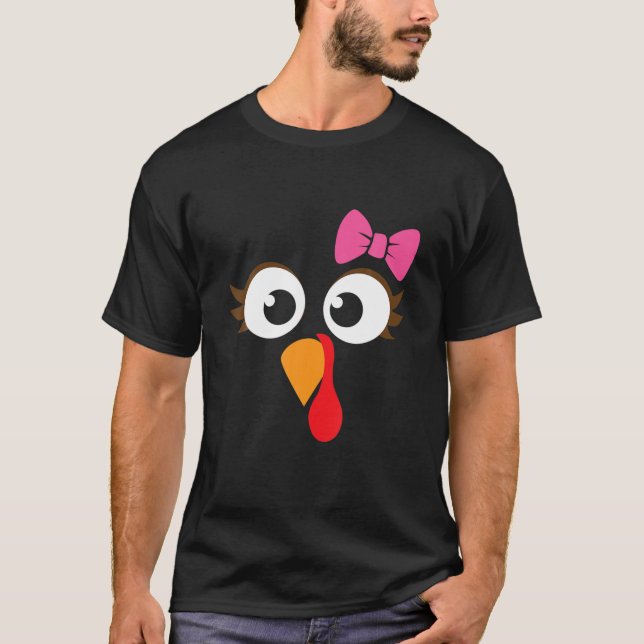 Turkey Face Girl Pink Bow T Shirt | Kids Thanksgiv (Front)