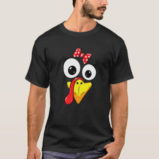 Turkey Face Girl Red Bow Kids Youth Thanksgiving T-Shirt