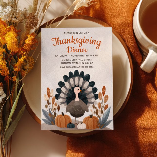 Turkey& Fall Foliage Pastel Thanksgiving Dinner Invitation (Creator Uploaded)