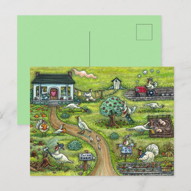 TURKEY FARM, HUMOROUS COUNTRY THANKSGIVING BIRDS HOLIDAY POSTCARD (Front/Back)