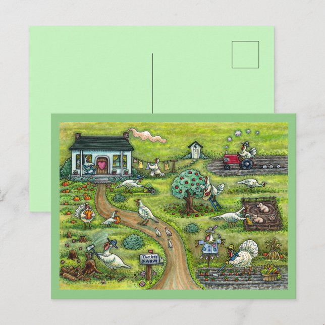 TURKEY FARM, HUMOROUS COUNTRY THANKSGIVING BIRDS HOLIDAY POSTCARD (Front/Back)