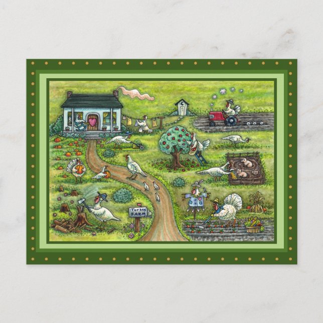 TURKEY FARM, HUMOROUS COUNTRY THANKSGIVING BIRDS POSTCARD (Front)