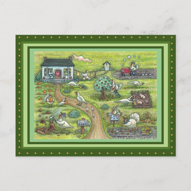 TURKEY FARM, HUMOROUS COUNTRY THANKSGIVING POSTCARD (Front)