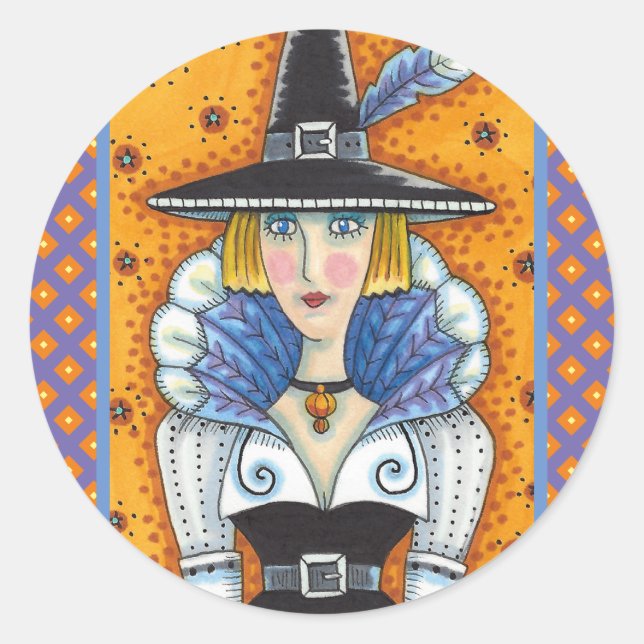 TURKEY FEATHER WITCH, A SALEM THANKSGIVING, FOLK CLASSIC ROUND STICKER (Front)