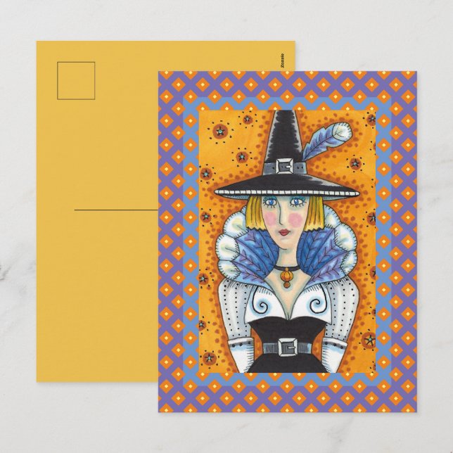 TURKEY FEATHER WITCH, A SALEM THANKSGIVING, FOLK HOLIDAY POSTCARD (Front/Back)