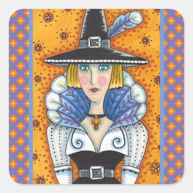 TURKEY FEATHER WITCH, A SALEM THANKSGIVING, FOLK SQUARE STICKER (Front)