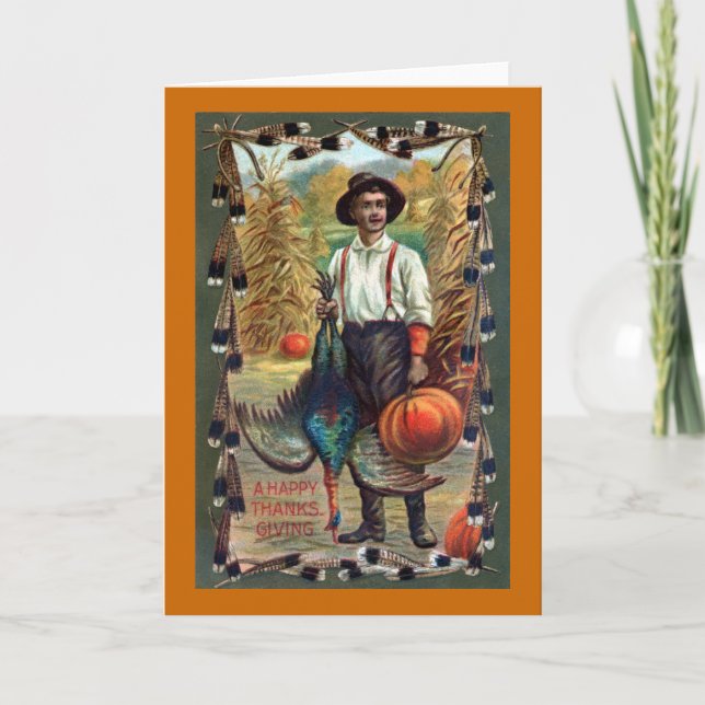 Turkey, Feathers and Farmer Vintage Thanksgiving Holiday Card (Front)