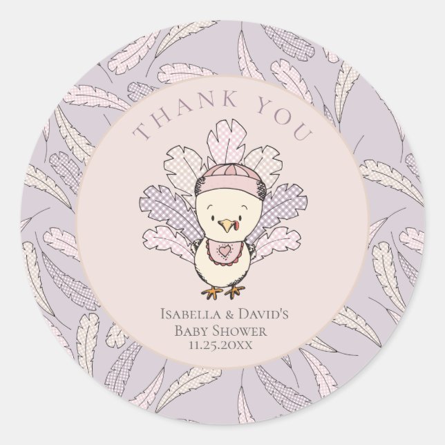 Turkey & Feathers Fall Girl Baby Shower Thank You Classic Round Sticker (Front)