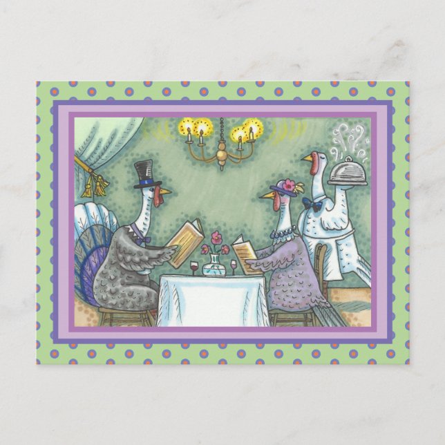 TURKEY FINE DINING, THANKSGIVING BIRD HUMOR POSTCARD (Front)