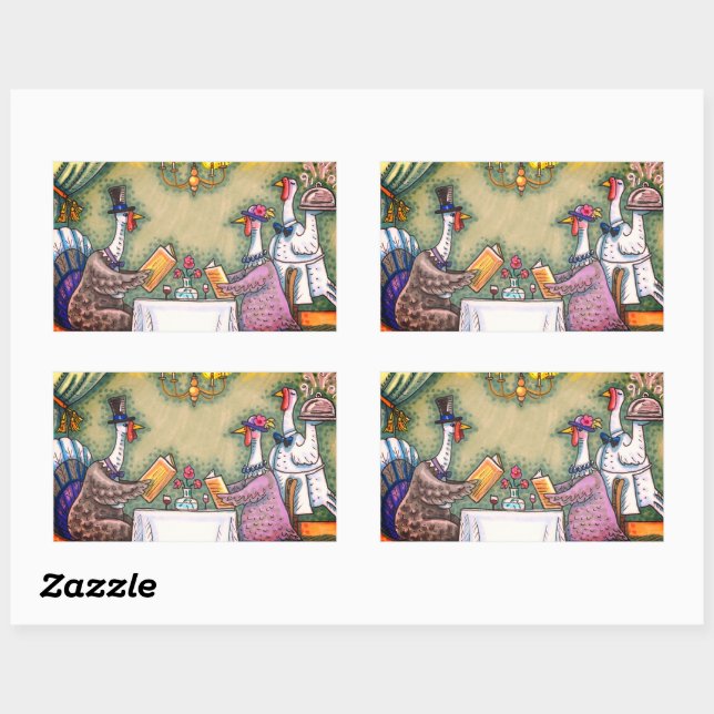 TURKEY FINE DINING, THANKSGIVING BIRD HUMOR RECTANGULAR STICKER (Sheet)