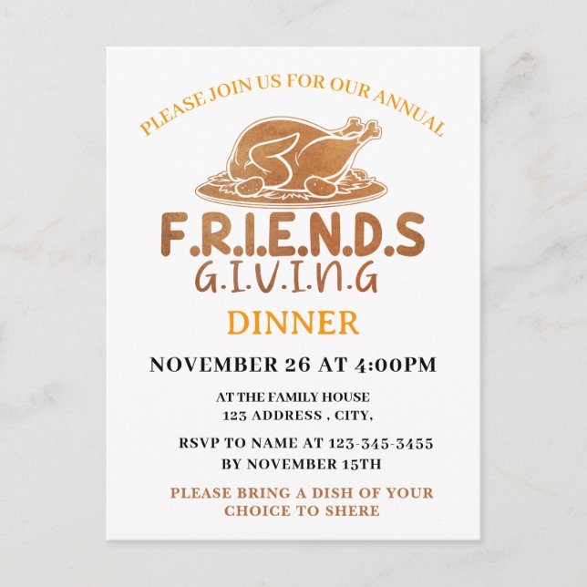 Turkey Friendsgiving Dinner party Invitation Postcard (Front)