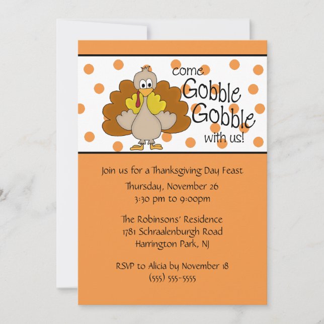 Turkey Gobble, Gobble Thanksgiving Dinner Party Invitation (Front)