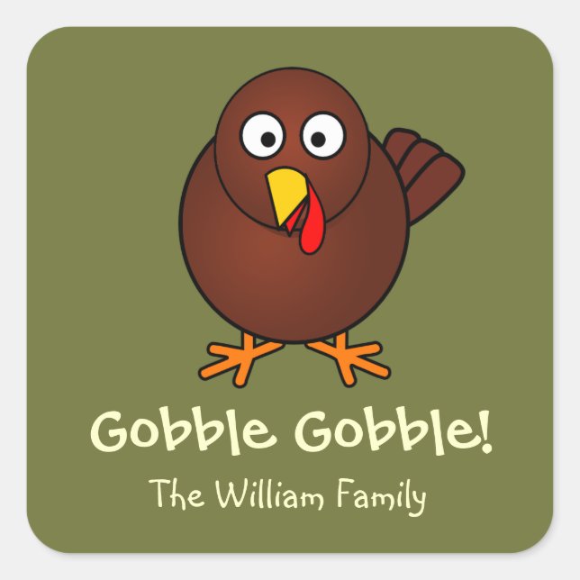 Turkey gobble Thanksgiving green brown fun cute Square Sticker (Front)