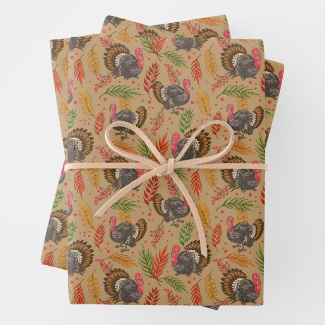 Turkey Gobbler In The Forest Pattern Wrapping Paper Sheet (In situ)