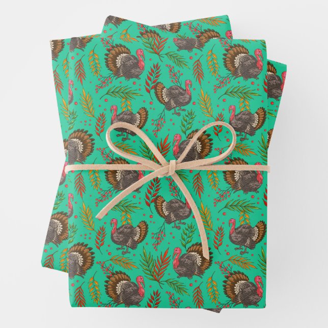 Turkey Gobbler In The Forest Pattern Wrapping Paper Sheet (In situ)