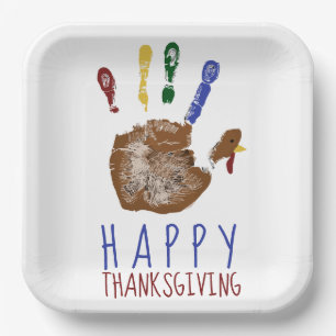 Turkey Handprint Kid Happy Thanksgiving Cute Paper Plate