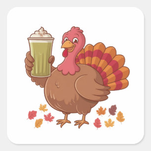 Turkey Holding Matcha Drink Thanksgiving Square Sticker