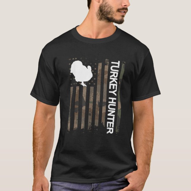 Turkey Hunter American Flag Turkey Hunting Lover T-Shirt (Front)
