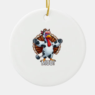 Turkey In Cow Costume, Moo Funny Thanksgiving _3 Ceramic Tree Decoration
