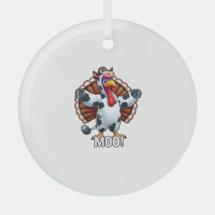 Turkey In Cow Costume, Moo Funny Thanksgiving _3 Glass Tree Decoration