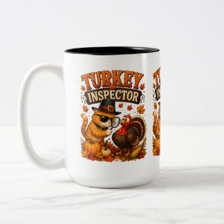 Turkey Inspector Funny Thanksgiving Cat Coffee Two-Tone Coffee Mug