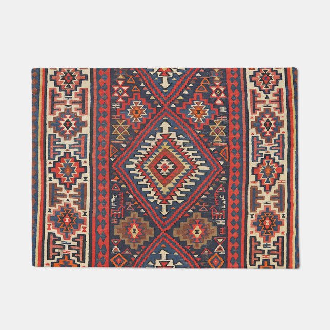 Turkey Kilim Aztec Red Blue Tan  Doormat (Front)