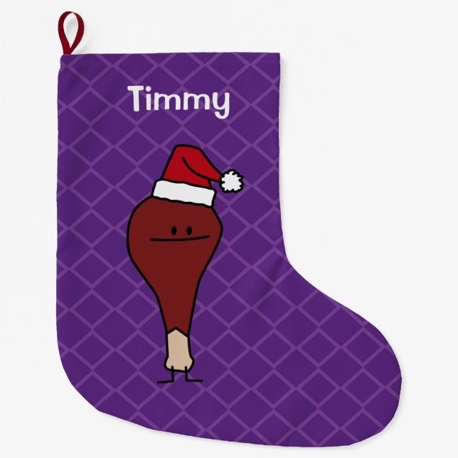 Turkey Leg wearing a Santa Hat Christmas holidays Large Christmas Stocking (Front)