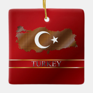 Turkey Map and Turkish Flag Metallic Gold Ceramic Tree Decoration