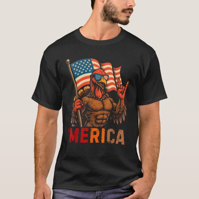 Turkey Merica Rock American Flag Patriotic Thanksg T-Shirt (Front)