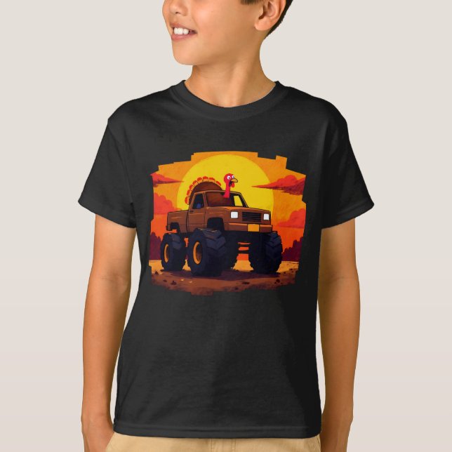 Turkey Monster Truck Sunset Retro Thanksgiving  T-Shirt (Front)