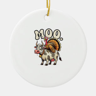 Turkey Moo Riding Cow Funny Thanksgiving Ceramic Tree Decoration