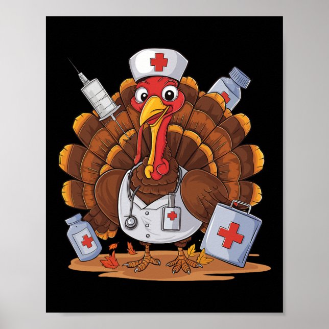 Turkey Nurse Stethoscope Thanksgiving Fall Scrub T Poster (Front)