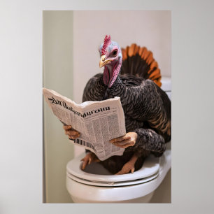 Turkey on Toilet Print, Reading Newspaper, Funny Poster