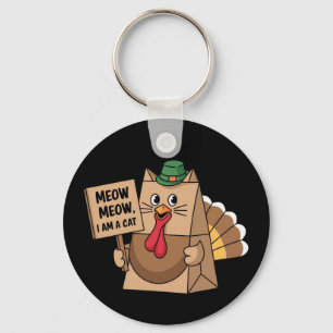Turkey Paper Bag Meow Funny Thanksgiving Cat Key Ring