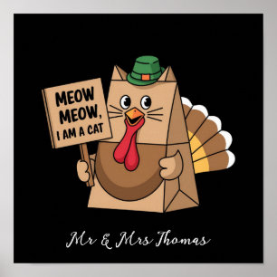 Turkey Paper Bag Meow Funny Thanksgiving Cat Poster
