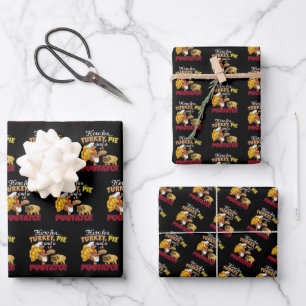 Turkey, Pie and a Pugtato Thanksgiving Pug Dog Wrapping Paper Sheet