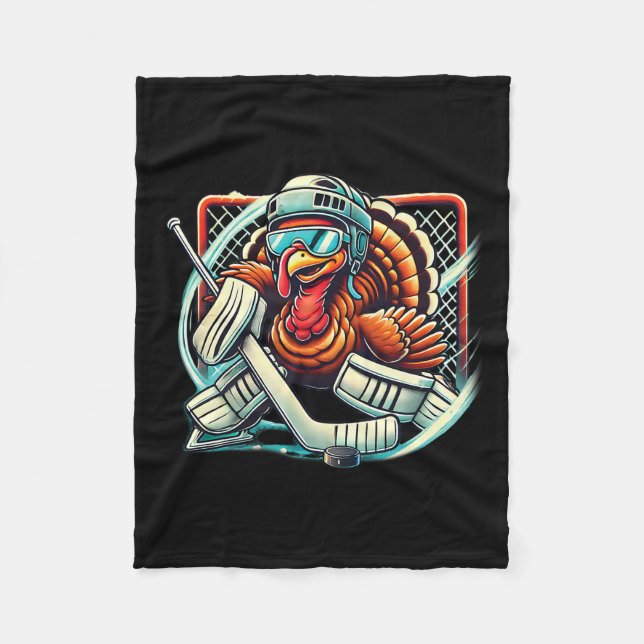 Turkey Playing Ice Hockey Goalie Thanksgiving Boys Fleece Blanket (Front)