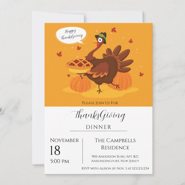 Turkey Pumpkin Thanksgiving Dinner  Invitation (Front)