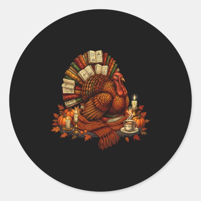 Turkey Reading Books Fall Season Thanksgiving Teac Classic Round Sticker (Front)