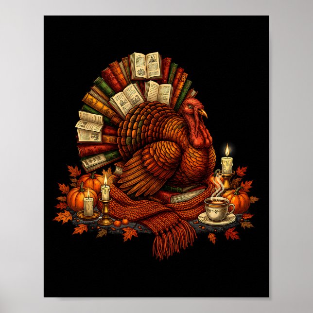 Turkey Reading Books Fall Season Thanksgiving Teac Poster (Front)