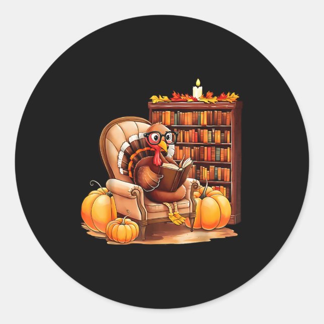 Turkey Reading Books Fall Thanksgiving Teacher Boo Classic Round Sticker (Front)